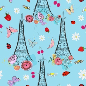 Paris Eiffel tower and spring time flowers strawberry daisy ladybug cherry and butterflies