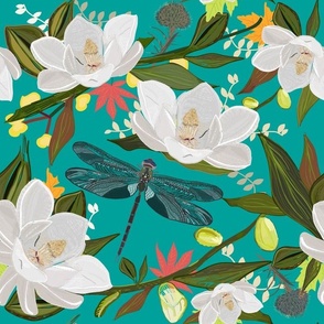 Magnolia tree flowers and dragonfly soft nature colored pattern green background