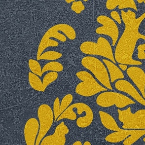 LARGE - Elegant Hidden Cat Damask 1. Mustard on Blue