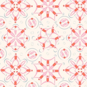 geometric pattern of aquatic dancers pink orange off white