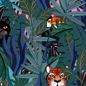 Big Scale Tropical jungle tiger, black panther, leopard and tucan pink background.