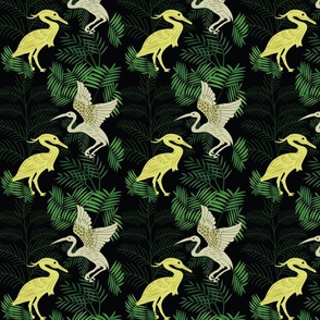 Swans and tropical leaves seamless pattern 