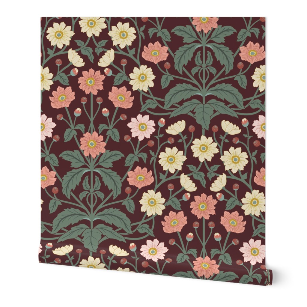 Spring garden Japanese Anemone flowers - art and crafts style botanical - sage, cream, mimosa yellow and peach on maroon - large