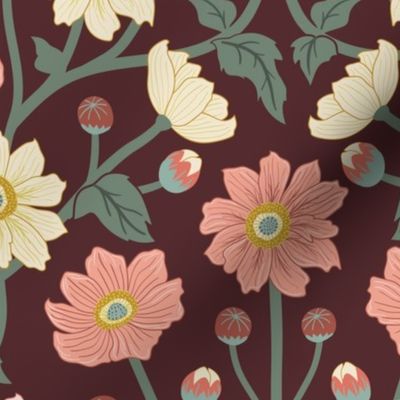 Spring garden Japanese Anemone flowers - art and crafts style botanical - sage, cream, mimosa yellow and peach on maroon - large