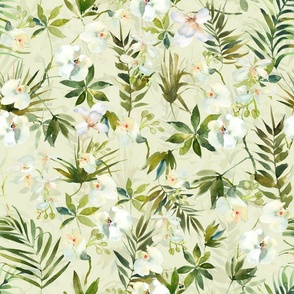 18" A beautiful exotic flower garden with white orchids and camellia flowers on light green background-  tropical palm leaves and branches for home decor Baby Girl and nursery fabric perfect for kidsroom wallpaper,  kids room, k