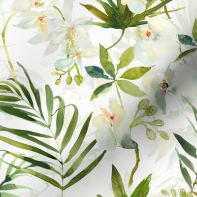 18" A beautiful exotic flower garden with white orchids and camellia flowers on white background double layer-  tropical palm leaves and branches for home decor Baby Girl and  nursery fabric perfect for kidsroom wallpaper,  kids room