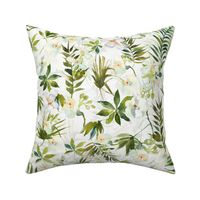 18" A beautiful exotic flower garden with white orchids and camellia flowers on white background double layer-  tropical palm leaves and branches for home decor Baby Girl and  nursery fabric perfect for kidsroom wallpaper,  kids room