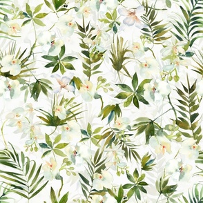 18" A beautiful exotic flower garden with white orchids and camellia flowers on white background double layer-  tropical palm leaves and branches for home decor Baby Girl and  nursery fabric perfect for kidsroom wallpaper,  kids room