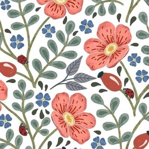 Flowers and hidden ladybirds red and blue white background L scale