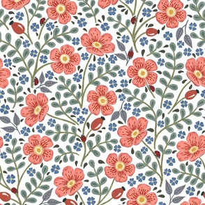 Flowers and hidden ladybirds red and blue white background