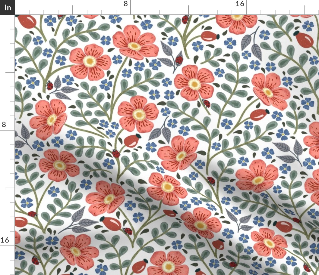 Flowers and hidden ladybirds red and blue white background L scale