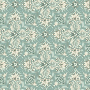 Spring Garden Quatrefoil with foliage - abstract ethnic geometric mandala, classic, grand millennial - cream and sage detail on Light Teal  - large
