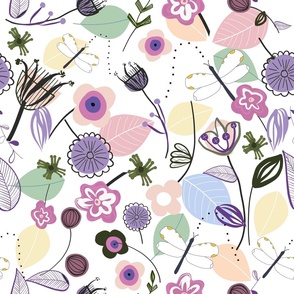 Abstract flowers and dragonfly pastel colored floral spring pattern