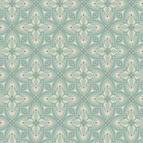 Spring Garden Quatrefoil with foliage - abstract ethnic geometric mandala, classic, grand millennial - cream and sage detail on Light Teal  - small