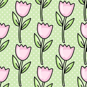 Large Scale Pink Tulip Flowers and Polkadots in Spring Green