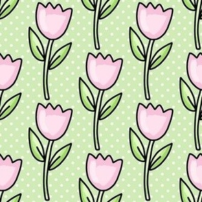 Medium Scale Pink Tulip Flowers and Polkadots in Spring Green