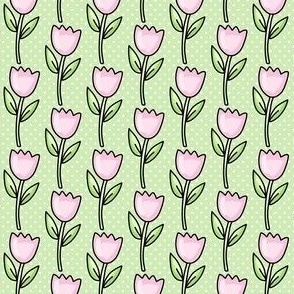 Small Scale Pink Tulip Flowers and Polkadots in Spring Green