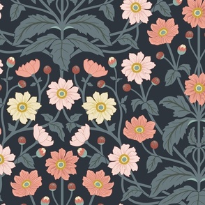 Spring garden Japanese Anemone flowers - art and crafts style botanical - slate, peach and cream on midnight blue - large