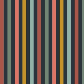 Spring garden - moody heritage alternate stripe - sage, coral, dark coral, light teal and mustard on midnight blue - large