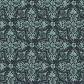 Spring Garden Quatrefoil with foliage - abstract ethnic geometric mandala, classic, grand millennial - light teal on midnight blue - medium