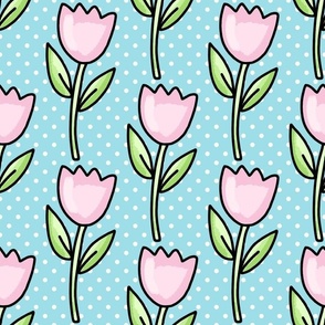 Large Scale Pink Tulip Flowers and Polkadots in Blue