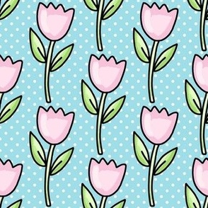 Medium Scale Pink Tulip Flowers and Polkadots in Blue