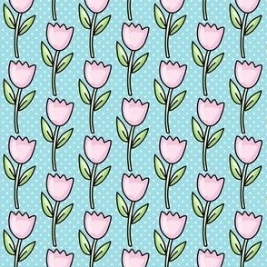 Small Scale Pink Tulip Flowers and Polkadots in Blue