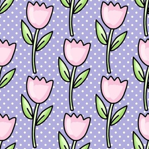 Large Scale Pink Tulip Flowers and Polkadots in Lavender