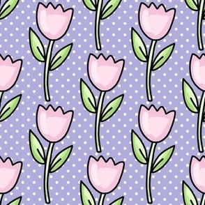 Medium Scale Pink Tulip Flowers and Polkadots in Lavender