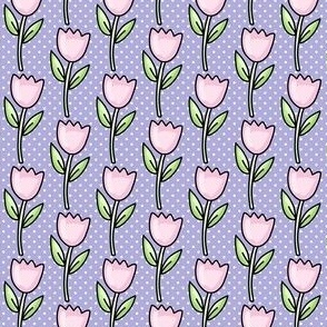 Small Scale Pink Tulip Flowers and Polkadots in Lavender