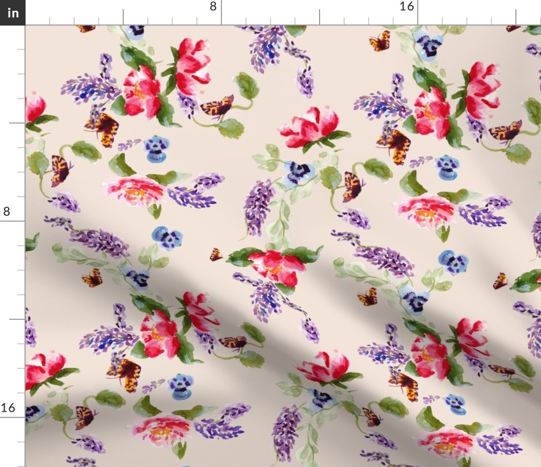 Hand painted floral peonies lilac butterlies apparel scale