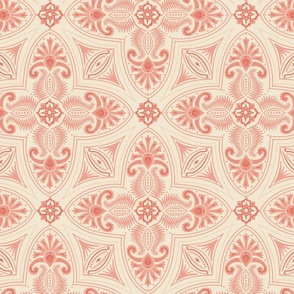 Spring Garden Quatrefoil with foliage - abstract ethnic geometric mandala, classic, grand millennial - peach and coral on cream - large