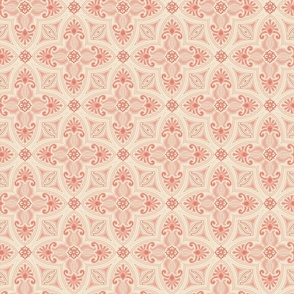 Spring Garden Quatrefoil with foliage - abstract ethnic geometric mandala, classic, grand millennial - peach and coral on cream - small