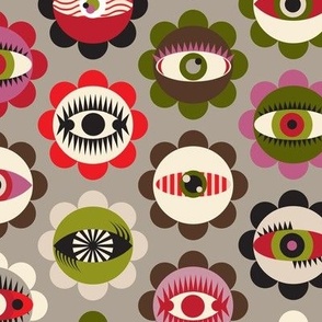 Geometric Green Brown on Taupe Flowers with Eyes Abstract Wallpaper 
