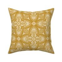 Spring Garden Quatrefoil with foliage - abstract ethnic geometric mandala, classic, grand millennial - ivory on mustard - medium