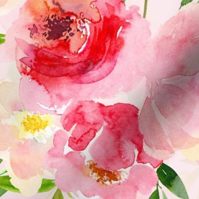 enchanting summer hand painted watercolour roses and twigs perfect for nursery wallpaper  double layer light pink background