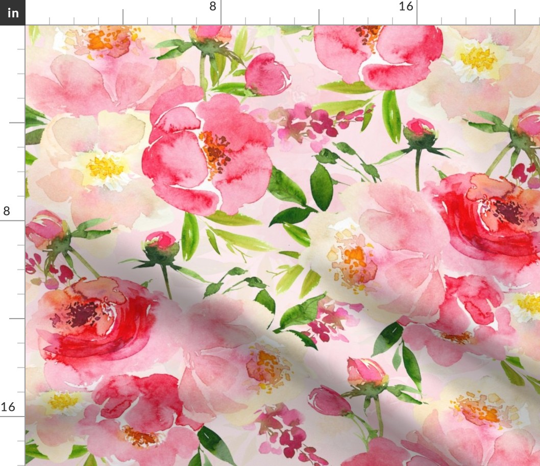 enchanting summer hand painted watercolour roses and twigs perfect for nursery wallpaper  double layer light pink background