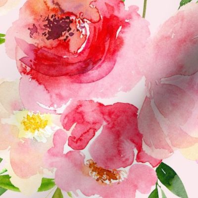 enchanting summer hand painted watercolour roses and twigs perfect for nursery wallpaper  light pink background