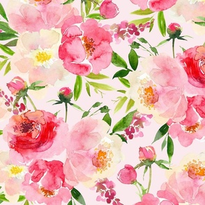 enchanting summer hand painted watercolour roses and twigs perfect for nursery wallpaper  light pink background