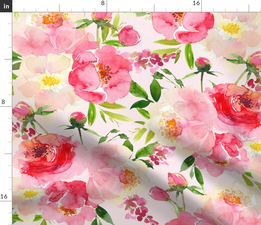 enchanting summer hand painted watercolour roses and twigs perfect for nursery wallpaper  light pink background