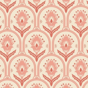 Spring Garden ethnic scallop arches with traditional flower, chinoiserie, grand millennial - peach and coral on cream - large