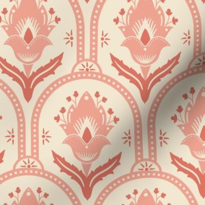 Spring Garden ethnic scallop arches with traditional flower, chinoiserie, grand millennial - peach and coral on cream - mid-large 