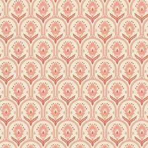 Spring Garden ethnic scallop arches with traditional flower, chinoiserie, grand millennial - peach and coral on cream  - medium