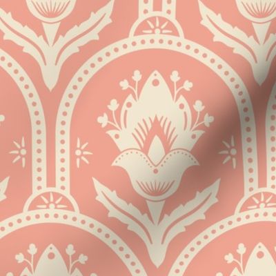 Spring Garden ethnic scallop arches with traditional flower, chinoiserie, grand millennial - cream  on peach - large 
