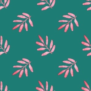Little watercolor pink branch on teal - Large