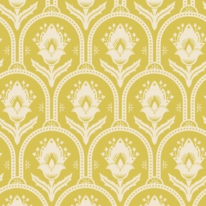 Spring Garden ethnic scallop arches with traditional flower, chinoiserie, grand millennial - ivory on mimosa yellow - large 