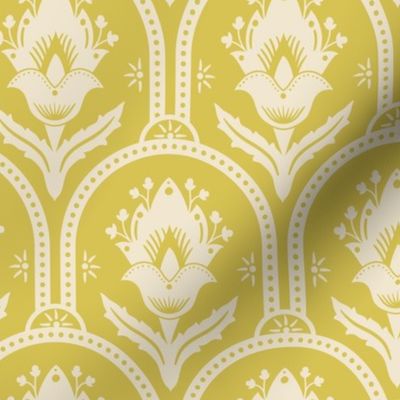 Spring Garden ethnic scallop arches with traditional flower, chinoiserie, grand millennial - ivory on mimosa yellow - mid-large 