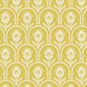 Spring Garden ethnic scallop arches with traditional flower, chinoiserie, grand millennial - ivory on mimosa yellow - mid-large 