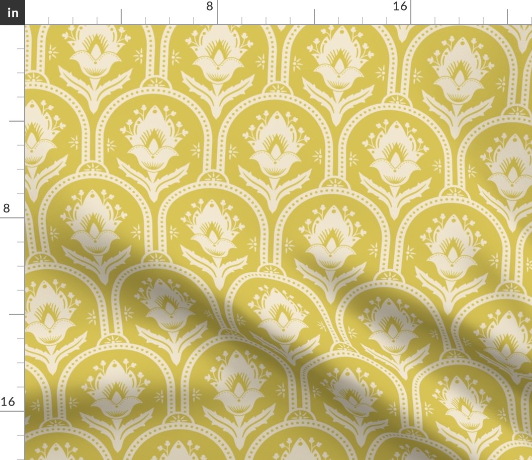 Spring Garden ethnic scallop arches with traditional flower, chinoiserie, grand millennial - ivory on mimosa yellow - mid-large 