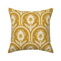 Spring Garden ethnic scallop arches with traditional flower, chinoiserie, grand millennial - cream and mimosa yellow on mustard - large